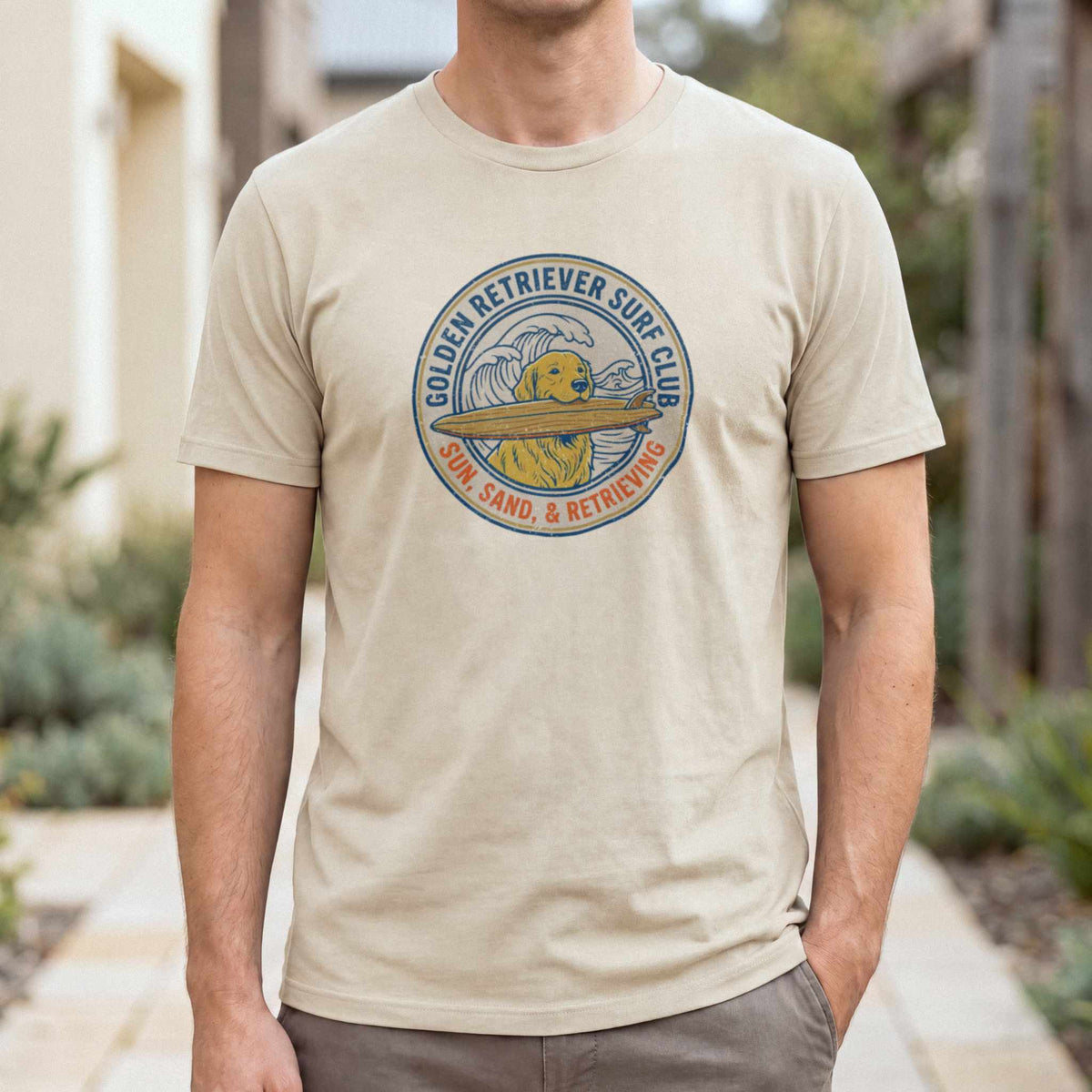 Golden Retriever Surf Club T-Shirt — Sand male