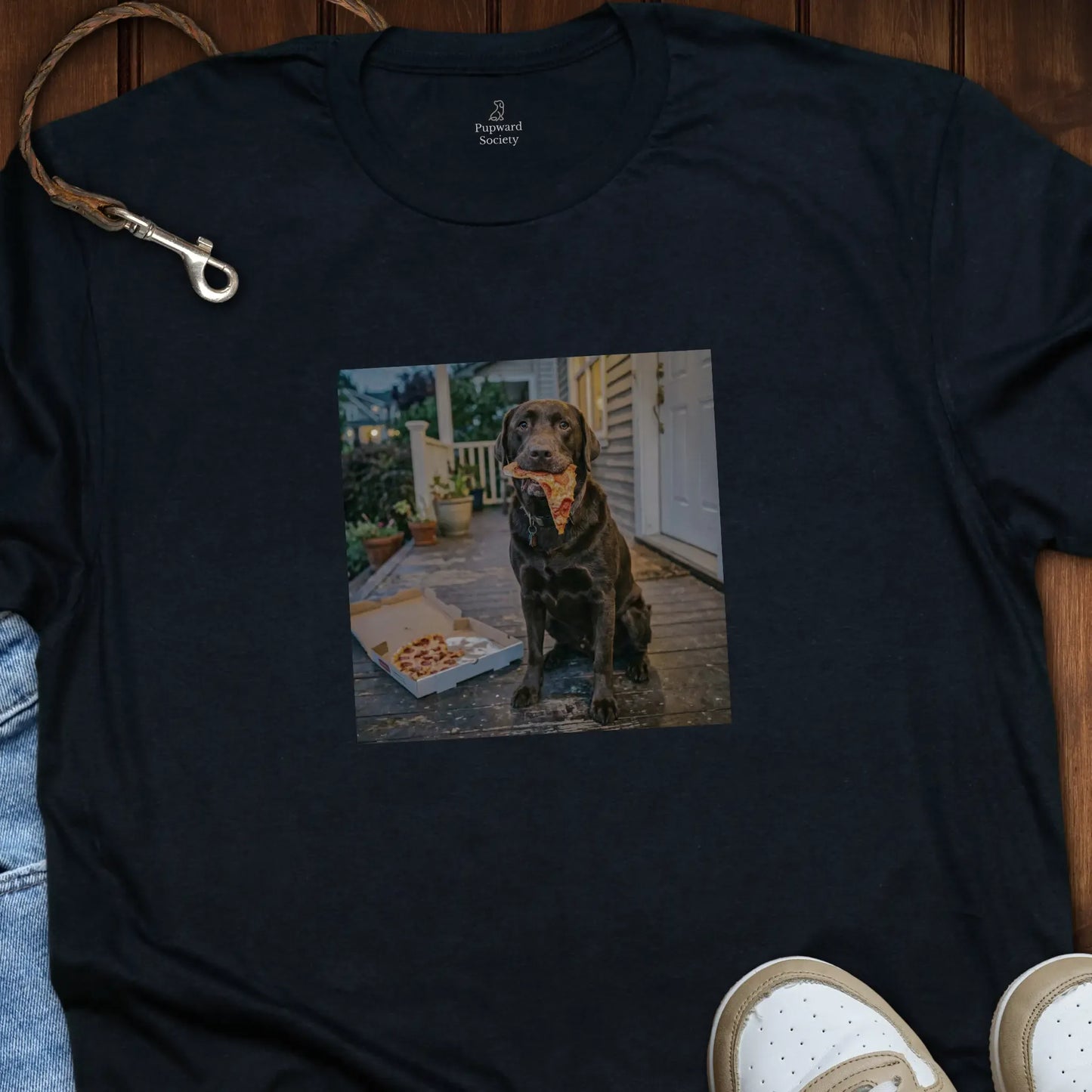 Black Labrador Eating Pizza Photo T-Shirt
