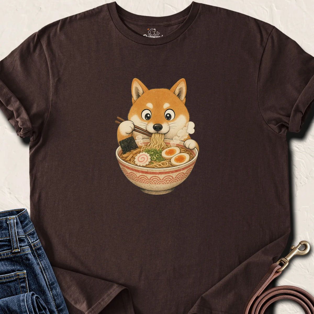 Shiba Eating Ramen T-Shirt — Dark Chocolate standard