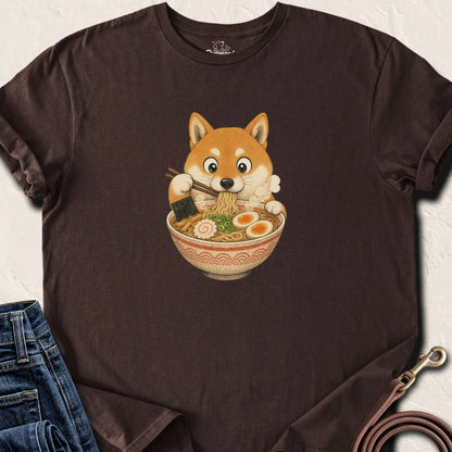 Shiba Eating Ramen T-Shirt — Dark Chocolate standard