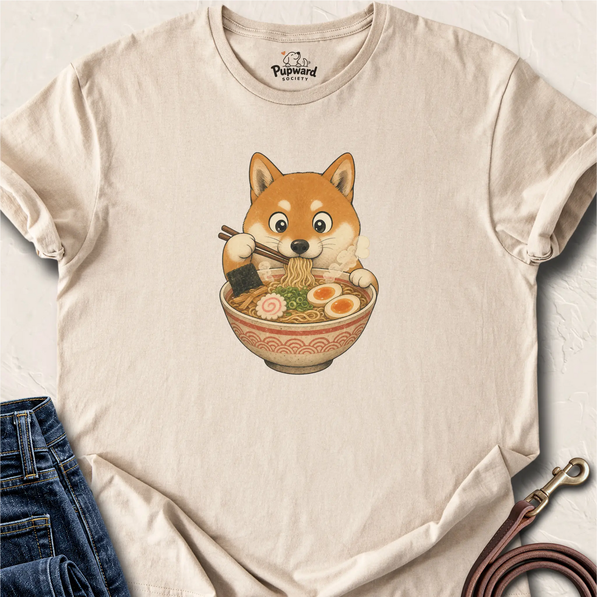 Shiba Eating Ramen T-Shirt — Sand standard